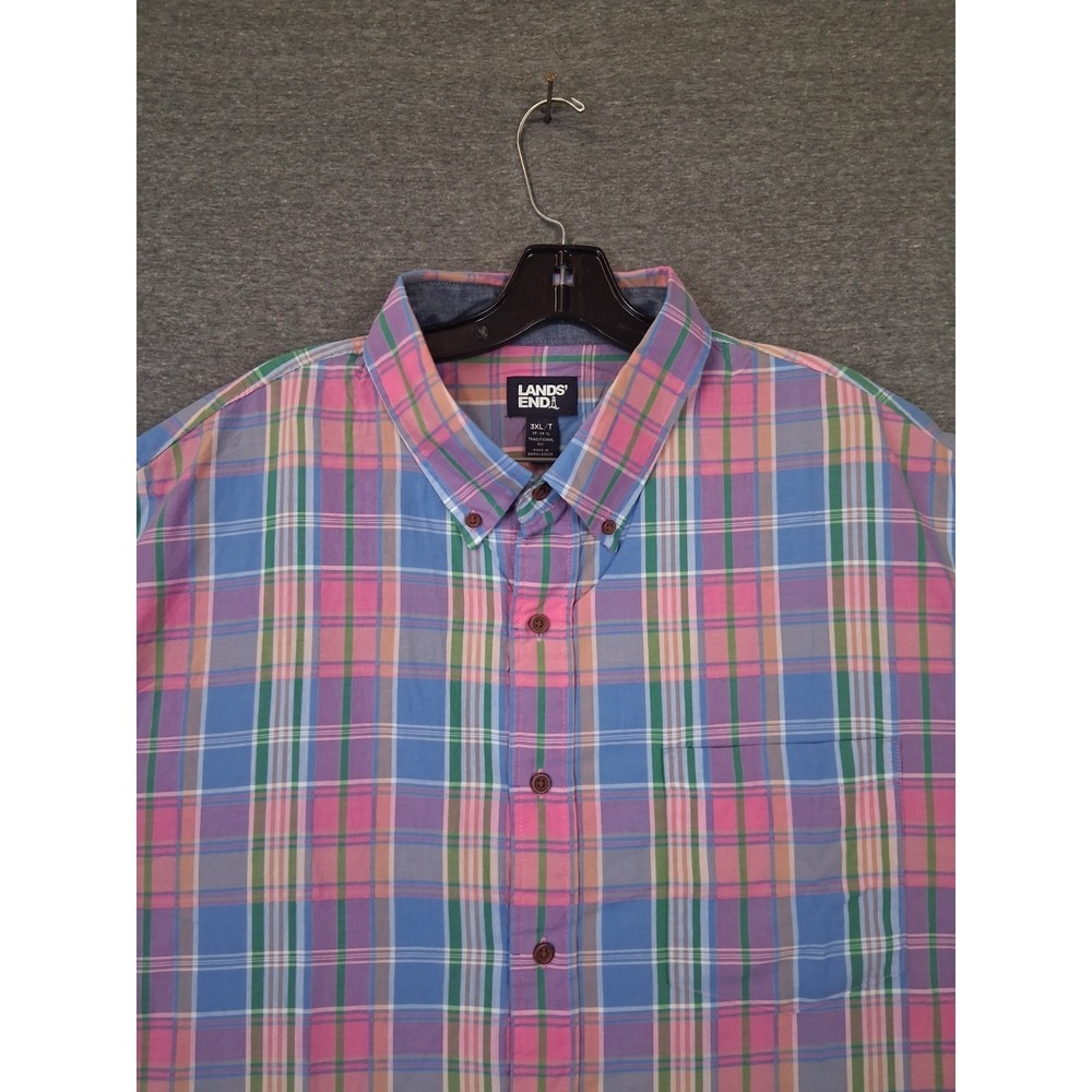 Lands End Mens Shirt 3XLT Blue Multi Plaid Coastal Resort 100% Cotton Spring‎